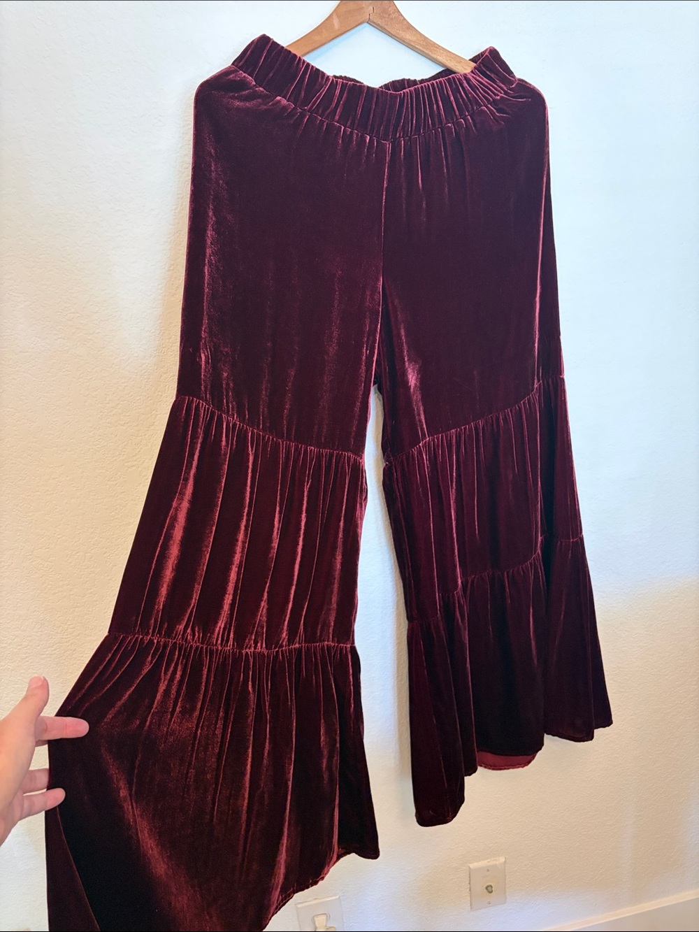 Johnny Was Velvet Tiered Wide-Leg Pants - Burgundy